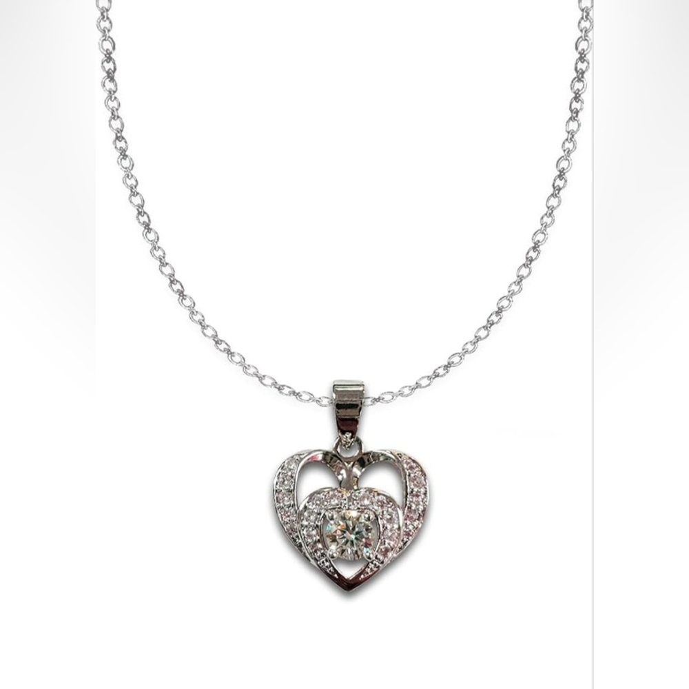 Moissanite Heart Necklace For Women Brass With White Gold Plating